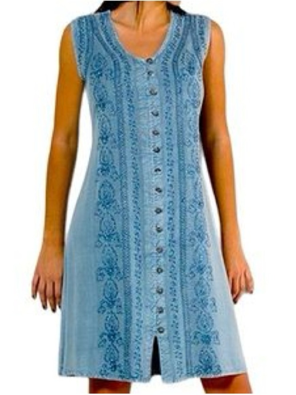 Celine Sleeveless Midi Dress in Faded Blue with Embroidered Front